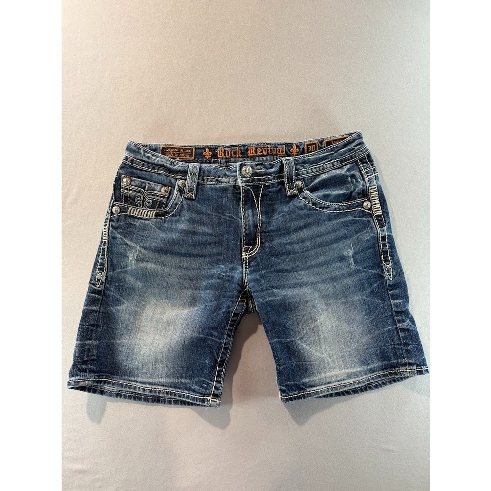 Rock Revival Y2K Denim Shorts Womens 30 Low Rise Distressed Thick Stitch